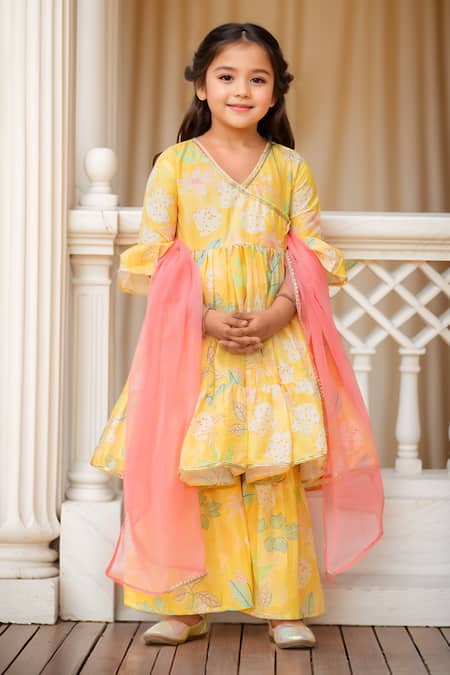 Buy Petite Pomme Yellow Muslin, Net Tassels, Lace, Floral Printed Angarkha And Sharara Set Buy_Petite Pomme_Yellow Muslin, Net Tassels, Lace, Floral Printed Angarkha And Sharara Set