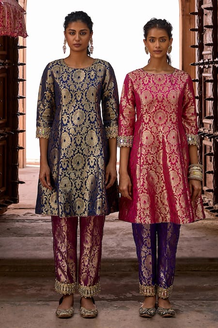 Mustard Moon By Neyha And Vrinda_Blue Brocade, Silk Zari, Mirrors Round Neck Navy Banarasi Kurta Set _Online_at_Aza_Fashions