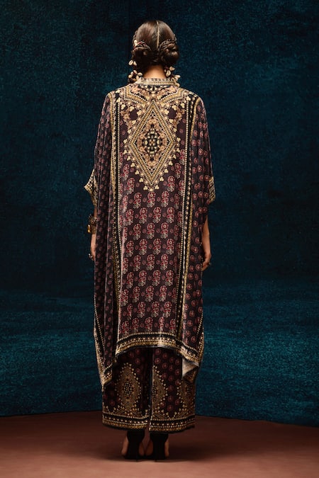 Shop_Rajdeep Ranawat_Burgundy Silk Ajrakh Print Palazzo _at_Aza_Fashions