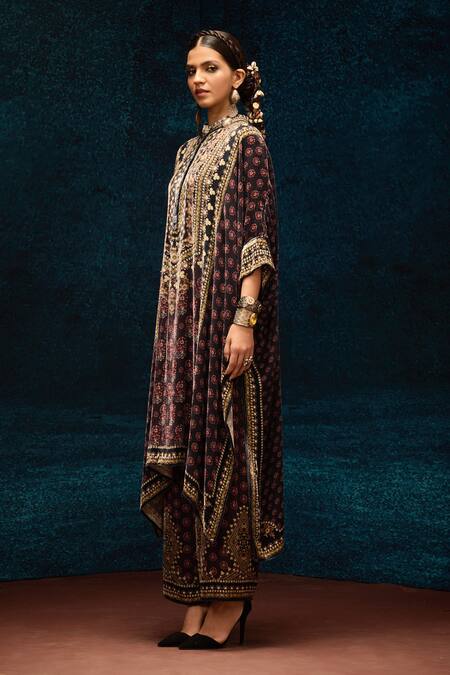 Shop_Rajdeep Ranawat_Burgundy Silk Ajrakh Print Palazzo _Online_at_Aza_Fashions