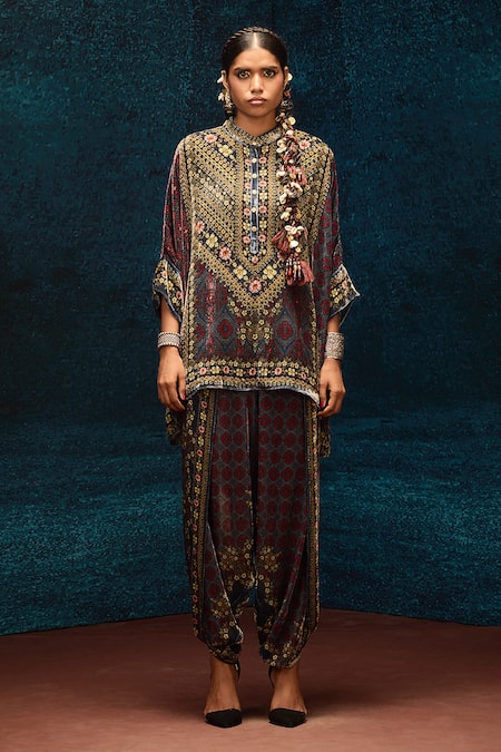 Rajdeep Ranawat Blue Silk, Velvet Sonth Ajrakh Print Dhoti Pant Online at Aza Fashions Rajdeep Ranawat_Blue Silk, Velvet Sonth Ajrakh Print Dhoti Pant _Online_at_Aza_Fashions