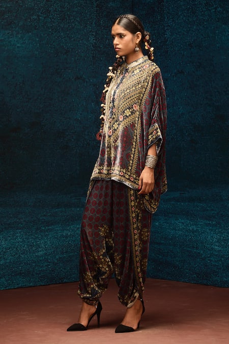 Shop Rajdeep Ranawat Blue Silk, Velvet Sonth Ajrakh Print Dhoti Pant Online at Aza Fashions Shop_Rajdeep Ranawat_Blue Silk, Velvet Sonth Ajrakh Print Dhoti Pant _Online_at_Aza_Fashions