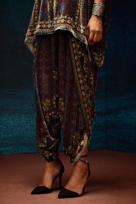 Rajdeep Ranawat Blue Silk, Velvet Sonth Ajrakh Print Dhoti Pant at Aza Fashions Rajdeep Ranawat_Blue Silk, Velvet Sonth Ajrakh Print Dhoti Pant _at_Aza_Fashions