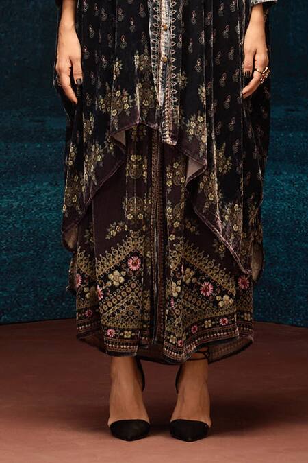 Rajdeep Ranawat_Black Silk, Velvet Embroidery Ajrakh Print Draped Skirt _Online_at_Aza_Fashions