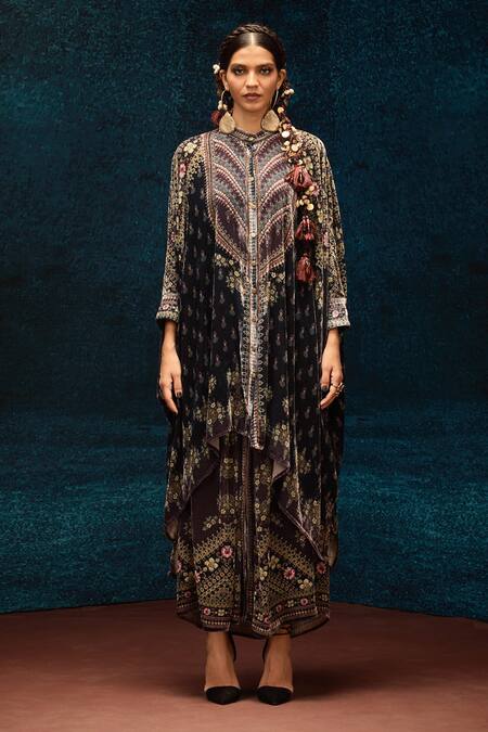 Buy_Rajdeep Ranawat_Black Silk, Velvet Embroidery Ajrakh Print Draped Skirt _Online_at_Aza_Fashions