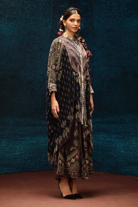 Shop_Rajdeep Ranawat_Black Silk, Velvet Embroidery Ajrakh Print Draped Skirt _Online_at_Aza_Fashions