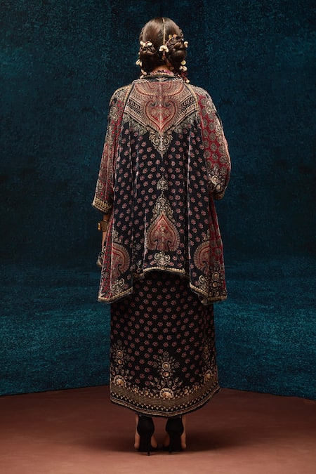Rajdeep Ranawat Black Ajrakh Printed Draped Skirt 