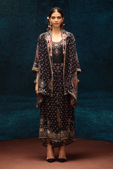 Rajdeep Ranawat_Black Silk, Velvet Ajrakh Printed Draped Skirt _Online_at_Aza_Fashions