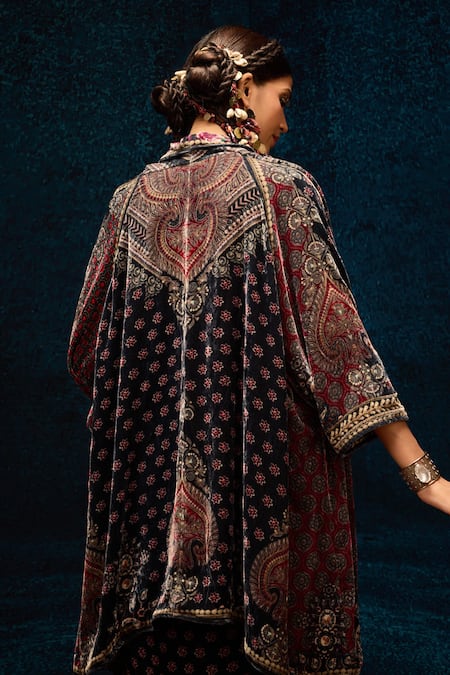 Buy_Rajdeep Ranawat_Black Silk, Velvet Ajrakh Printed Draped Skirt _Online_at_Aza_Fashions