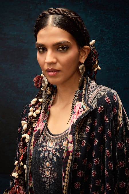 Shop_Rajdeep Ranawat_Black Silk, Velvet Ajrakh Printed Draped Skirt _Online_at_Aza_Fashions