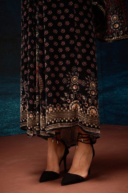 Rajdeep Ranawat_Black Silk, Velvet Ajrakh Printed Draped Skirt _at_Aza_Fashions