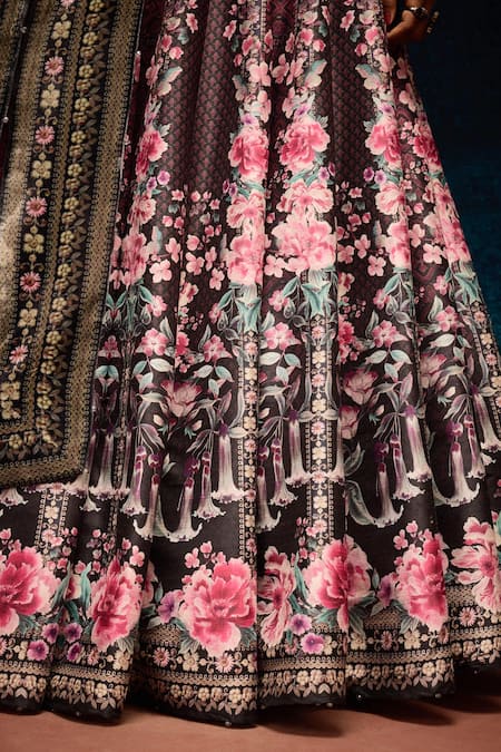 Rajdeep Ranawat_Black Silk Organza, Polyester Stones, Embroidery Floral Ajrakh Print Lehenga Set _Online_at_Aza_Fashions