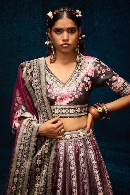 Buy_Rajdeep Ranawat_Black Silk Organza, Polyester Stones, Embroidery Floral Ajrakh Print Lehenga Set _Online_at_Aza_Fashions