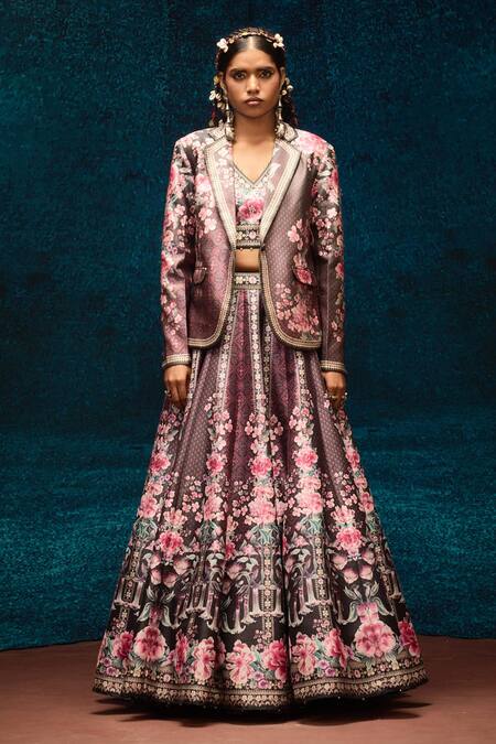 Rajdeep Ranawat_Black Silk Organza, Polyester Stones, Embroidery Floral Ajrakh Print Lehenga Set _at_Aza_Fashions