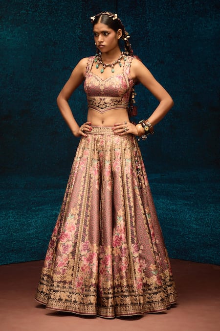 Rajdeep Ranawat_Maroon Brocade, Kota Doria, Silk Stones, Floral Ajrakh Printed Lehenga Set _Online_at_Aza_Fashions
