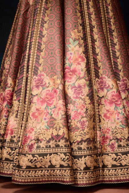 Buy_Rajdeep Ranawat_Maroon Brocade, Kota Doria, Silk Stones, Floral Ajrakh Printed Lehenga Set _Online_at_Aza_Fashions