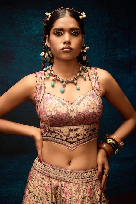 Shop_Rajdeep Ranawat_Maroon Brocade, Kota Doria, Silk Stones, Floral Ajrakh Printed Lehenga Set _Online_at_Aza_Fashions