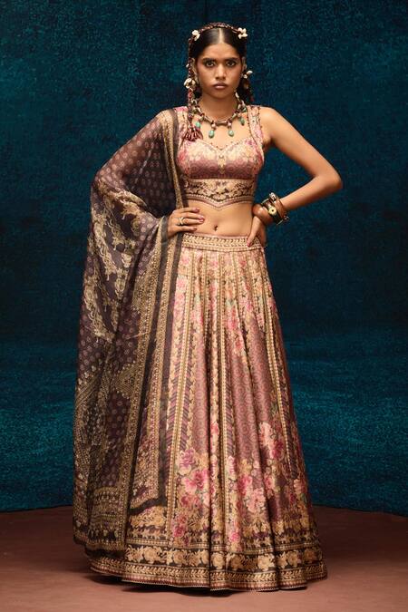 Rajdeep Ranawat_Maroon Brocade, Kota Doria, Silk Stones, Floral Ajrakh Printed Lehenga Set _at_Aza_Fashions