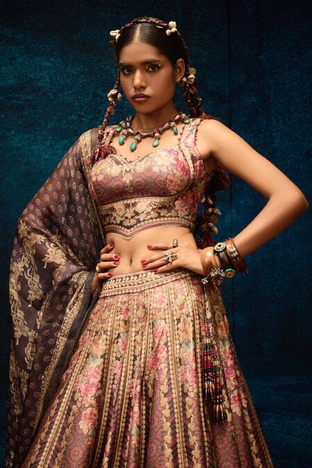 Buy_Rajdeep Ranawat_Maroon Brocade, Kota Doria, Silk Stones, Floral Ajrakh Printed Lehenga Set 