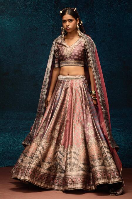Rajdeep Ranawat_Purple Brocade, Silk Organza Stones, Multi Color Ajrakh Print Lehenga Set _Online_at_Aza_Fashions