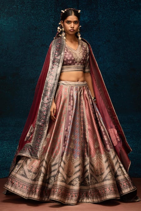 Buy_Rajdeep Ranawat_Purple Brocade, Silk Organza Stones, Multi Color Ajrakh Print Lehenga Set _Online_at_Aza_Fashions
