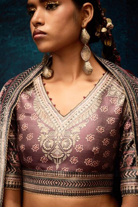 Shop_Rajdeep Ranawat_Purple Brocade, Silk Organza Stones, Multi Color Ajrakh Print Lehenga Set _Online_at_Aza_Fashions