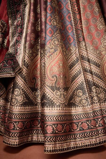 Rajdeep Ranawat_Purple Brocade, Silk Organza Stones, Multi Color Ajrakh Print Lehenga Set _at_Aza_Fashions