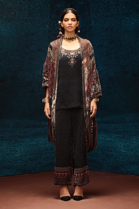 Rajdeep Ranawat_Multi Color Silk Open Neck Draped Ajrakh Print Jacket _Online_at_Aza_Fashions