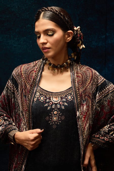 Buy_Rajdeep Ranawat_Multi Color Silk Open Neck Draped Ajrakh Print Jacket _Online_at_Aza_Fashions