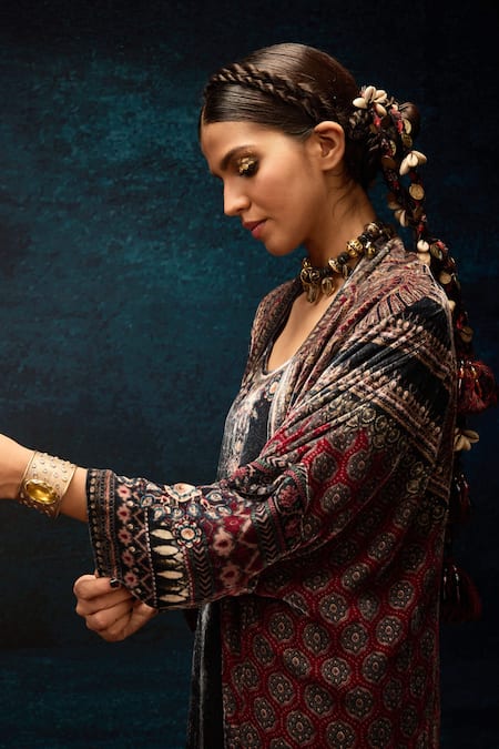 Shop_Rajdeep Ranawat_Multi Color Silk Open Neck Draped Ajrakh Print Jacket _Online_at_Aza_Fashions