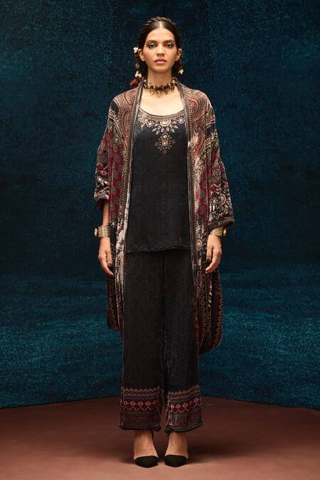 Rajdeep Ranawat Black Silk, Velvet Round Neck Ajrakh Print Tunic Online at Aza Fashions Rajdeep Ranawat_Black Silk, Velvet Round Neck Ajrakh Print Tunic _Online_at_Aza_Fashions