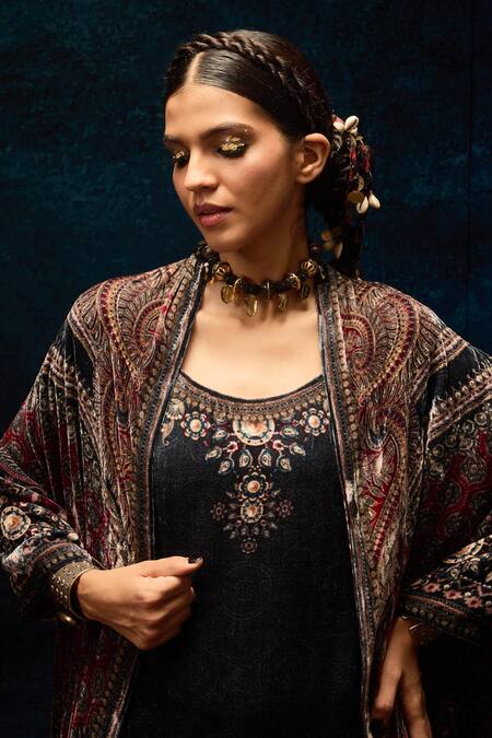 Shop Rajdeep Ranawat Black Silk, Velvet Round Neck Ajrakh Print Tunic Online at Aza Fashions Shop_Rajdeep Ranawat_Black Silk, Velvet Round Neck Ajrakh Print Tunic _Online_at_Aza_Fashions