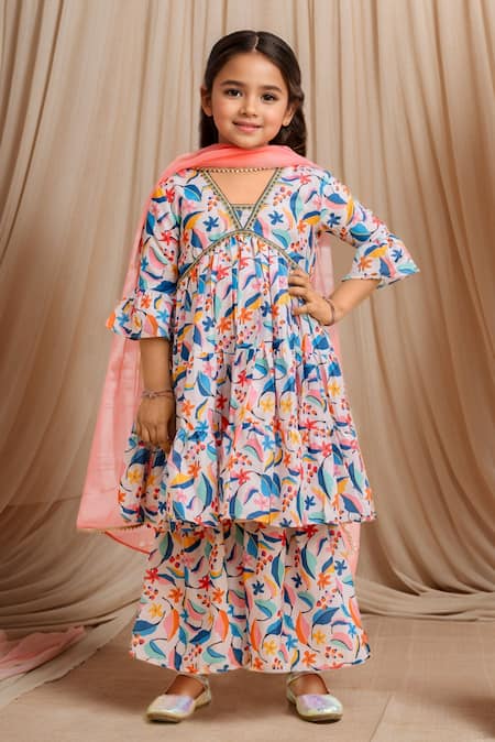Petite Pomme Multi Color Muslin, Net Lace, Floral Print Tiered Peplum Kurta And Sharara Set 