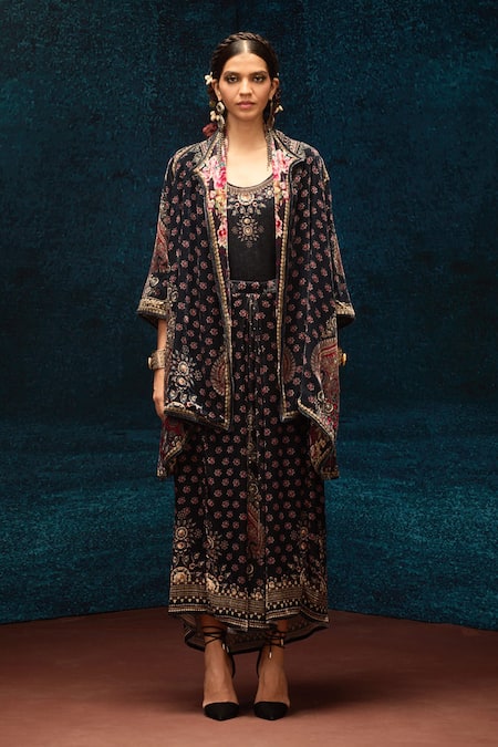 Rajdeep Ranawat_Black Silk Round Neck Asymmetric Ajrakh Print Reversible Jacket _Online_at_Aza_Fashions