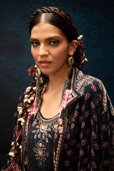 Buy_Rajdeep Ranawat_Black Silk Round Neck Asymmetric Ajrakh Print Reversible Jacket _Online_at_Aza_Fashions