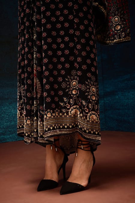 Shop_Rajdeep Ranawat_Black Silk Round Neck Asymmetric Ajrakh Print Reversible Jacket _Online_at_Aza_Fashions