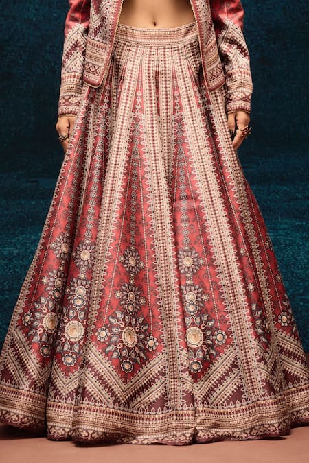 Rajdeep Ranawat_Brown Denim, Silk Embroidery, Stones V-neck, Ajrakh Print Lehenga And Jacket Set _Online_at_Aza_Fashions