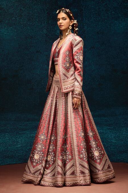 Buy_Rajdeep Ranawat_Brown Denim, Silk Embroidery, Stones V-neck, Ajrakh Print Lehenga And Jacket Set _Online_at_Aza_Fashions
