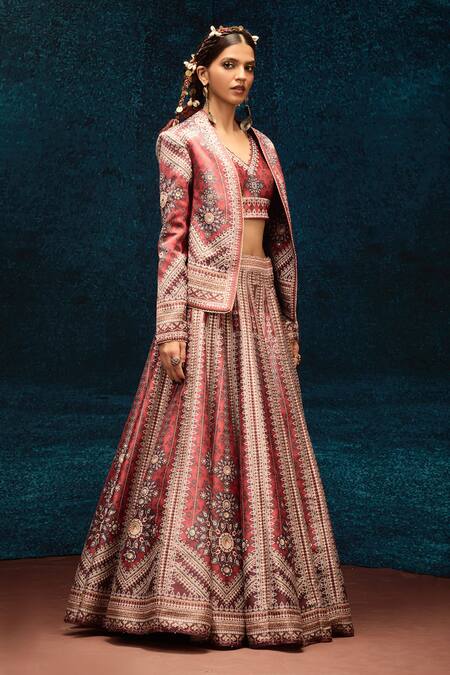 Shop_Rajdeep Ranawat_Brown Denim, Silk Embroidery, Stones V-neck, Ajrakh Print Lehenga And Jacket Set _Online_at_Aza_Fashions
