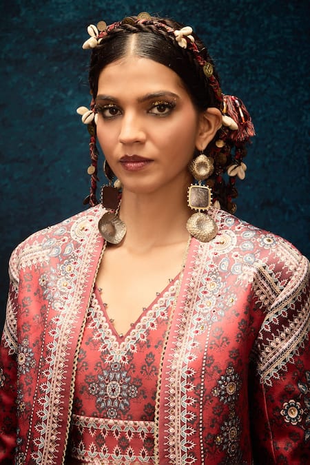 Rajdeep Ranawat_Brown Denim, Silk Embroidery, Stones V-neck, Ajrakh Print Lehenga And Jacket Set _at_Aza_Fashions