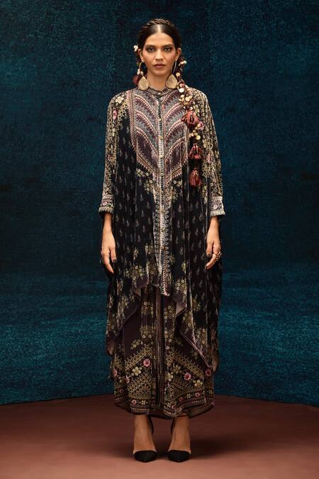 Rajdeep Ranawat Black Silk Embroidery Bandeau Neck Botanical Asymmetric Kaftan Online at Aza Fashions Rajdeep Ranawat_Black Silk Embroidery Bandeau Neck Botanical Asymmetric Kaftan _Online_at_Aza_Fashions