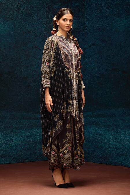 Buy Rajdeep Ranawat Black Silk Embroidery Bandeau Neck Botanical Asymmetric Kaftan Online at Aza Fashions Buy_Rajdeep Ranawat_Black Silk Embroidery Bandeau Neck Botanical Asymmetric Kaftan _Online_at_Aza_Fashions