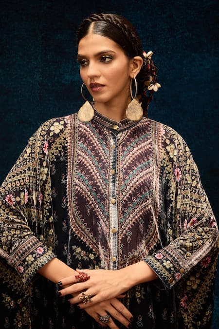 Shop Rajdeep Ranawat Black Silk Embroidery Bandeau Neck Botanical Asymmetric Kaftan Online at Aza Fashions Shop_Rajdeep Ranawat_Black Silk Embroidery Bandeau Neck Botanical Asymmetric Kaftan _Online_at_Aza_Fashions