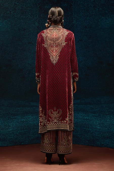 Rajdeep Ranawat Maroon Ajrakh Print Silk Velvet Kurta 