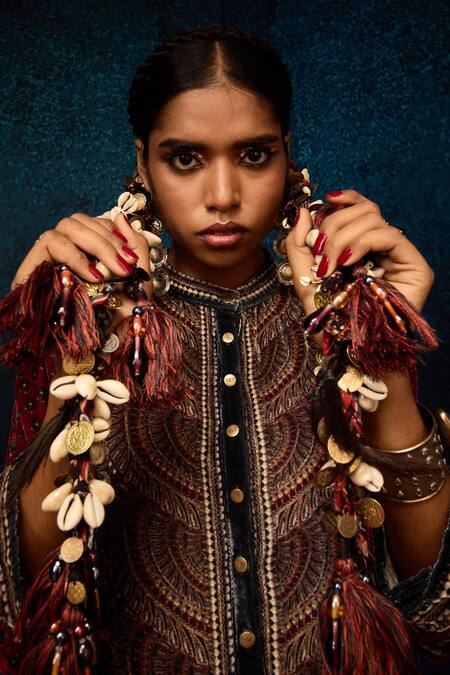 Buy Rajdeep Ranawat Maroon Silk Bandeau Neck Ajrakh Print Velvet Kurta Buy_Rajdeep Ranawat_Maroon Silk Bandeau Neck Ajrakh Print Velvet Kurta