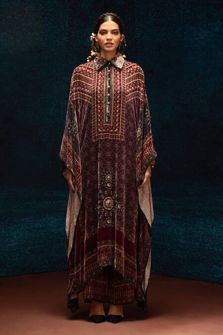 Rajdeep Ranawat_Maroon Silk Embroidery Collared Ajrakh Print Kaftan _Online_at_Aza_Fashions