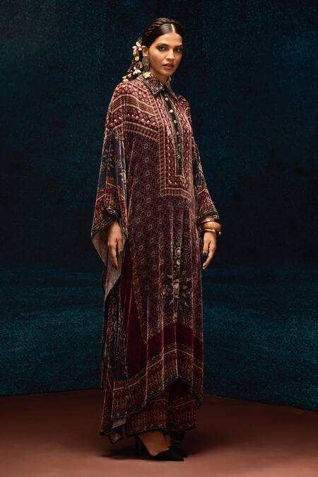 Shop_Rajdeep Ranawat_Maroon Silk Embroidery Collared Ajrakh Print Kaftan _Online_at_Aza_Fashions