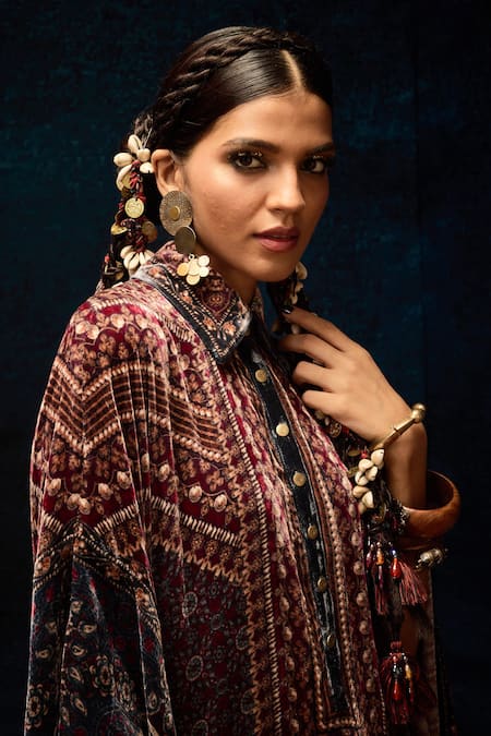 Rajdeep Ranawat_Maroon Silk Embroidery Collared Ajrakh Print Kaftan _at_Aza_Fashions