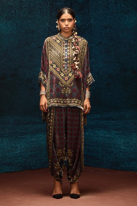 Rajdeep Ranawat_Blue Silk, Velvet Embroidery Collared Ajrakh Print Short Tunic _Online_at_Aza_Fashions
