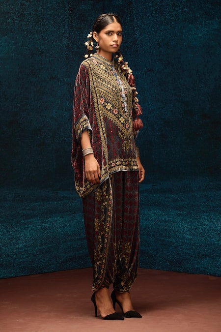 Buy_Rajdeep Ranawat_Blue Silk, Velvet Embroidery Collared Ajrakh Print Short Tunic _Online_at_Aza_Fashions